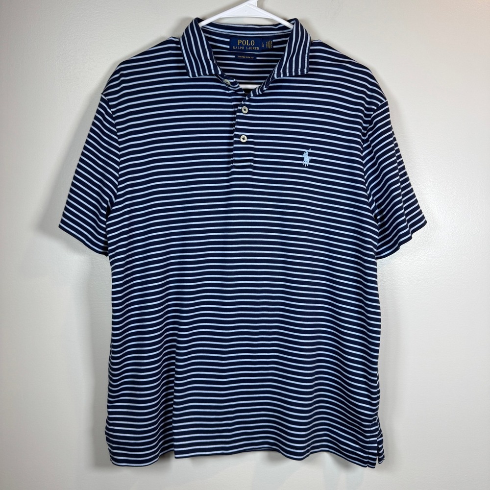 Polo Ralph Lauren Soft Touch Polo Mens L Custom Slim Fit Navy Blue Striped